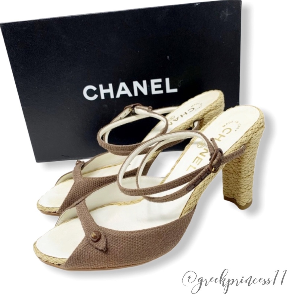 CHANEL Brown Ankle Wrap Heel Sandals